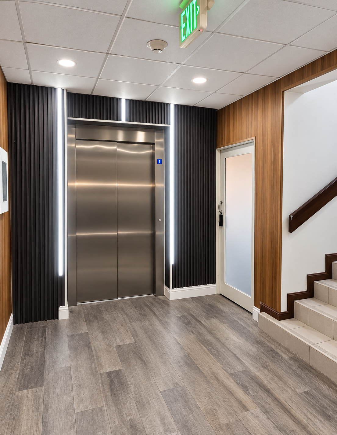 Bright lift and stair lobby serving the executive office