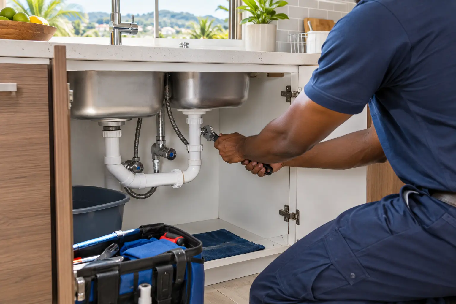Professional plumber repairing household sink connections